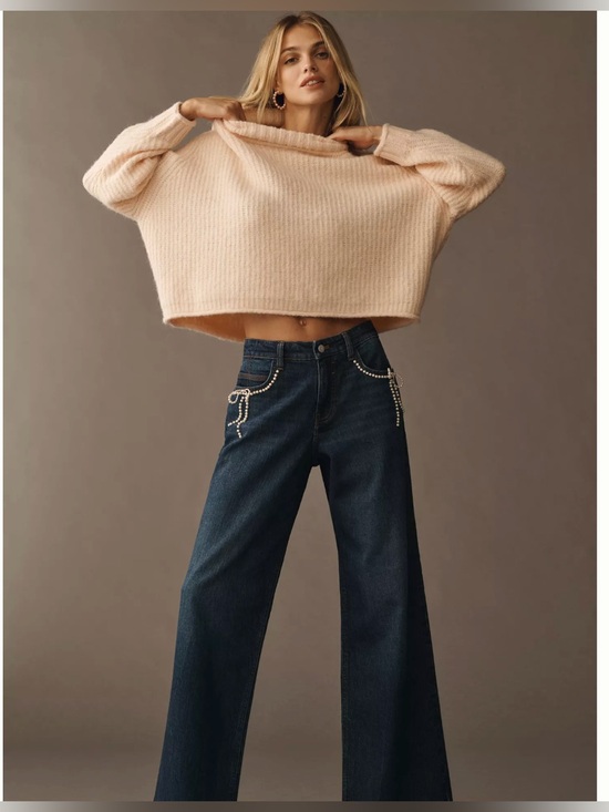 Pilcro Denim - Anthropologie Pearl-Embellished Low-Rise Wide-Leg Jeans by Pilcro in Blue